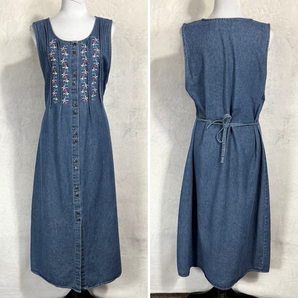 Vintage Embroidered Denim Midi Jumper Dress Size L Button Front Boho Cottage 90s - Picture 12 of 12
